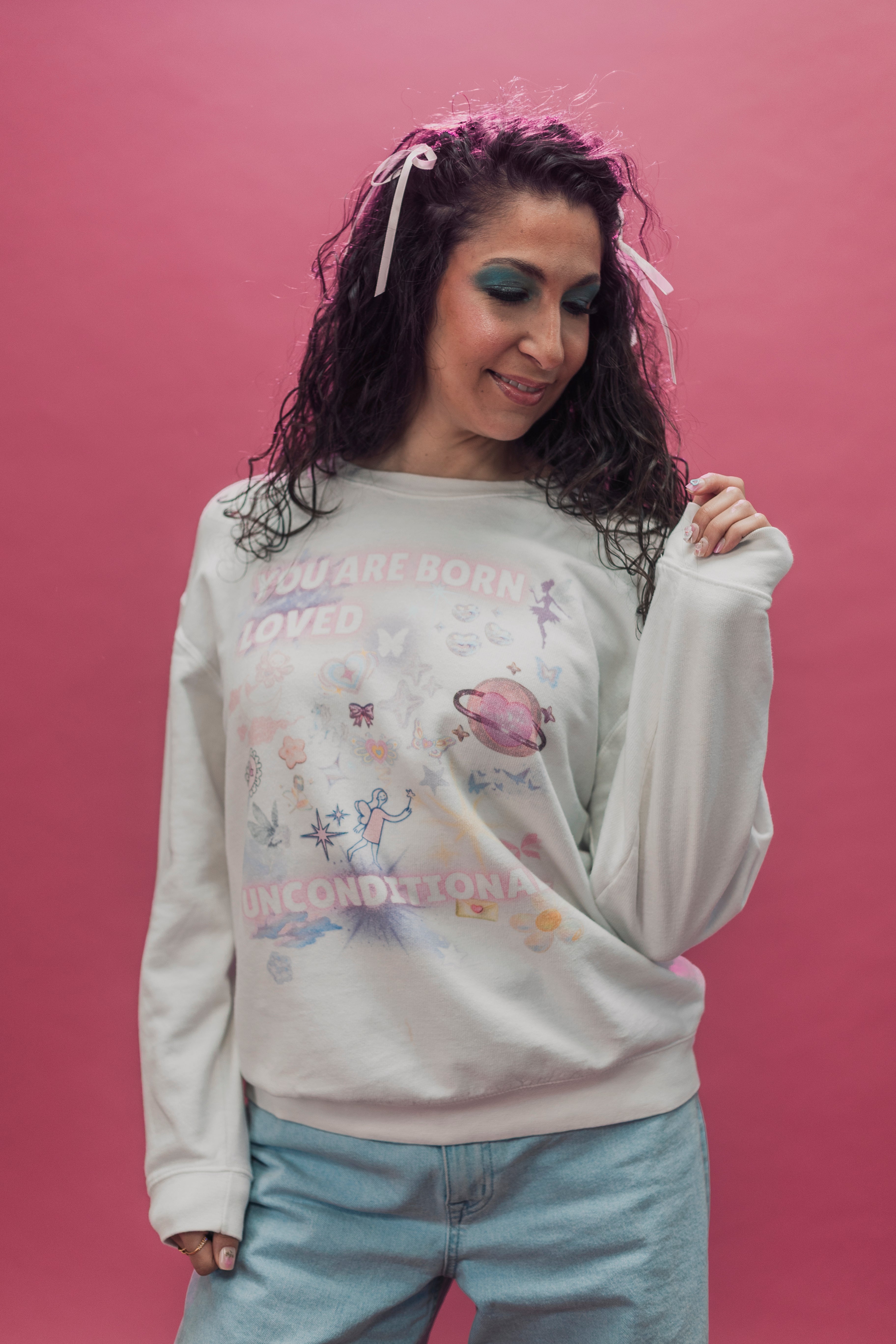 YOU ARE BORN LOVED UNCONDITIONALLY Unisex garment-dyed fleece crewneck sweatshirt