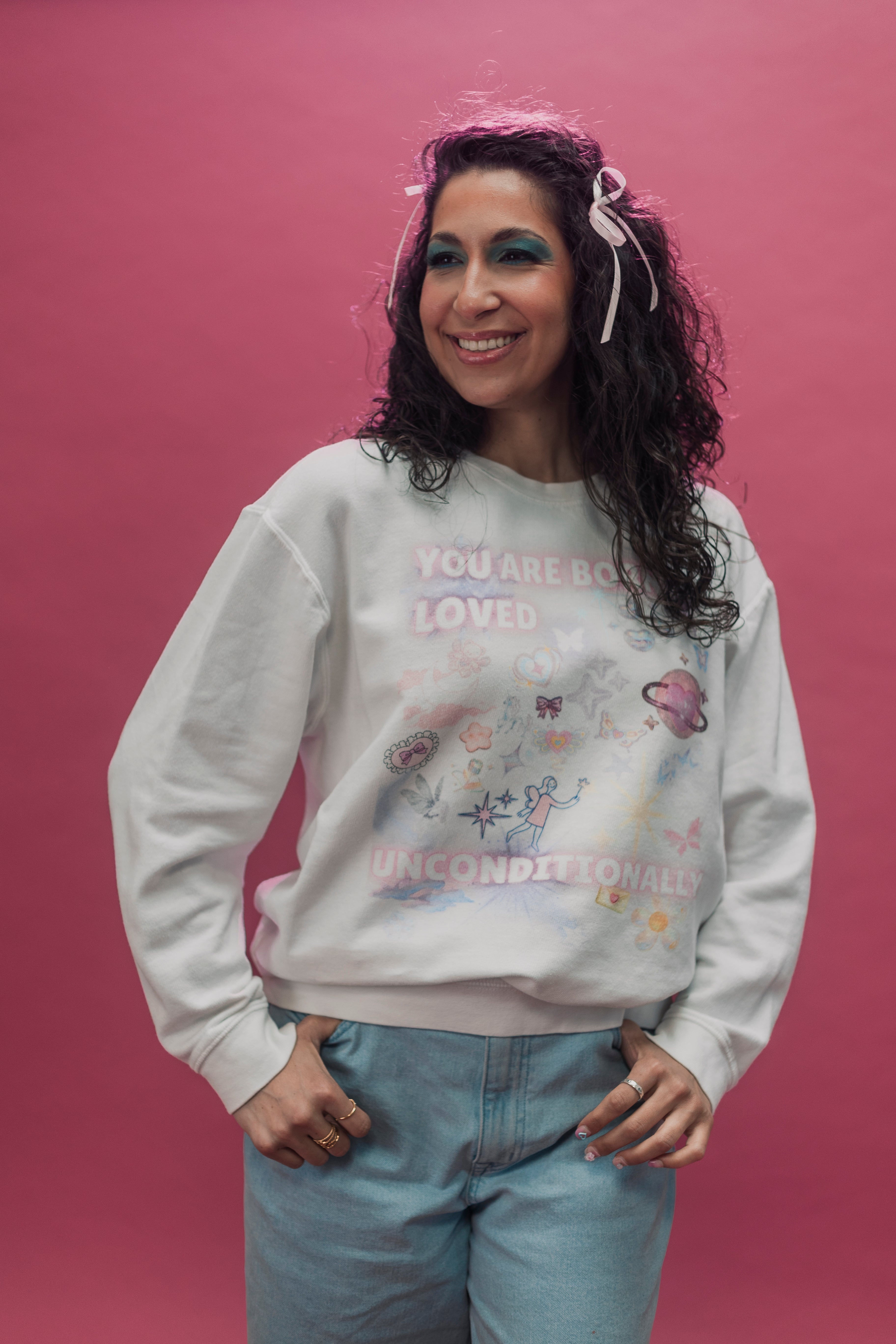 YOU ARE BORN LOVED UNCONDITIONALLY Unisex garment-dyed fleece crewneck sweatshirt
