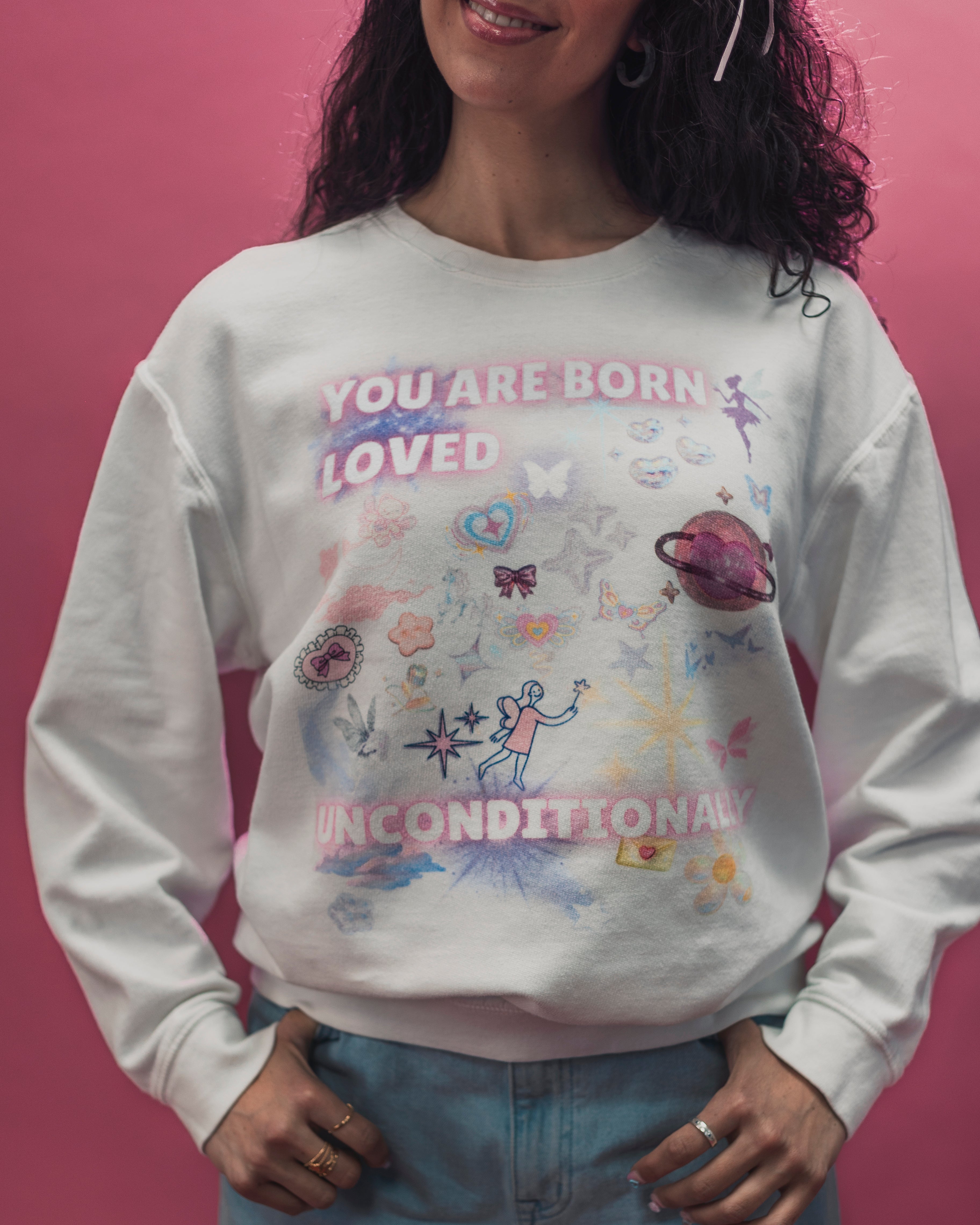 YOU ARE BORN LOVED UNCONDITIONALLY Unisex garment-dyed fleece crewneck sweatshirt