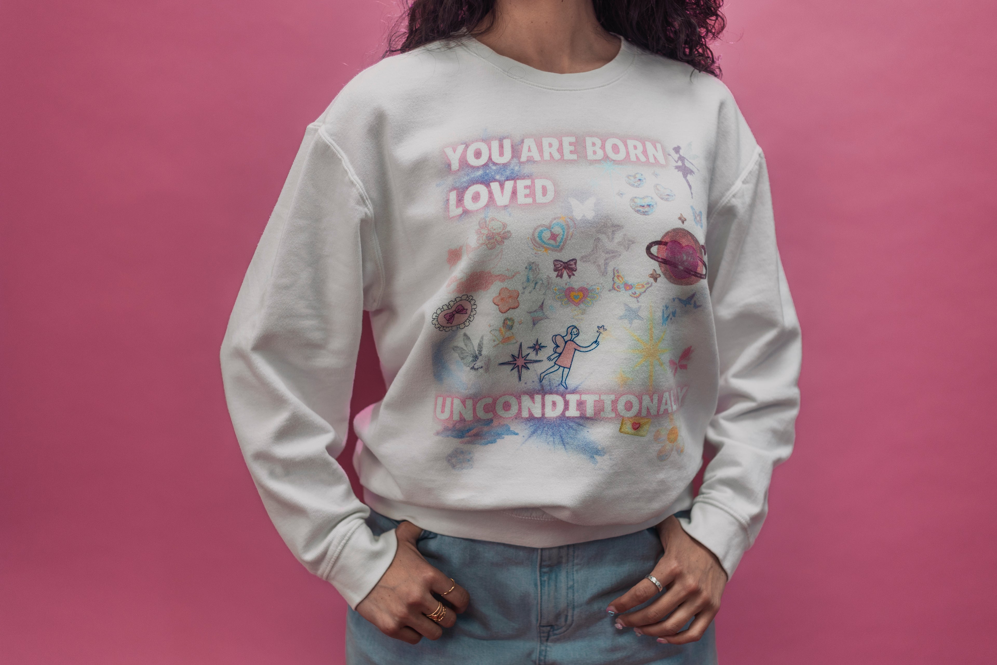 YOU ARE BORN LOVED UNCONDITIONALLY Unisex garment-dyed fleece crewneck sweatshirt