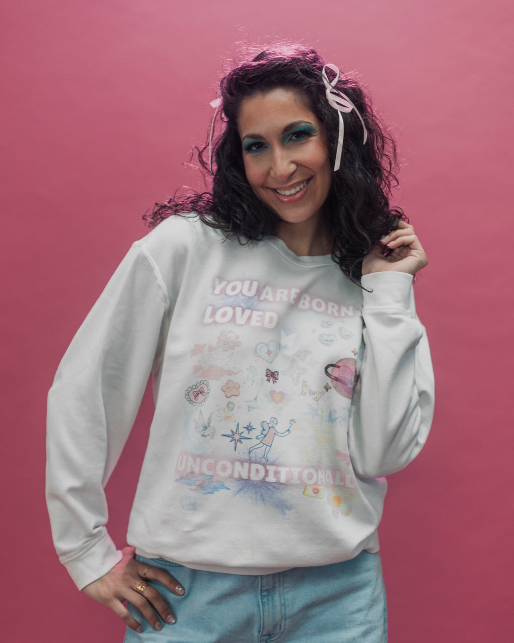YOU ARE BORN LOVED UNCONDITIONALLY Unisex garment-dyed fleece crewneck sweatshirt