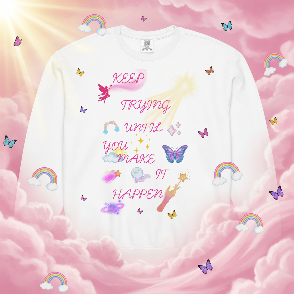Keep Trying Until You Make It Happen – Cosmic Pink Background with Butterflies & Rainbows
