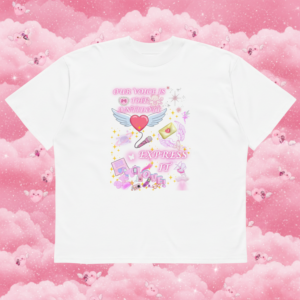 Our Voice Is The Antidote – Bold Tee in Foreground with Pink Fairy Background