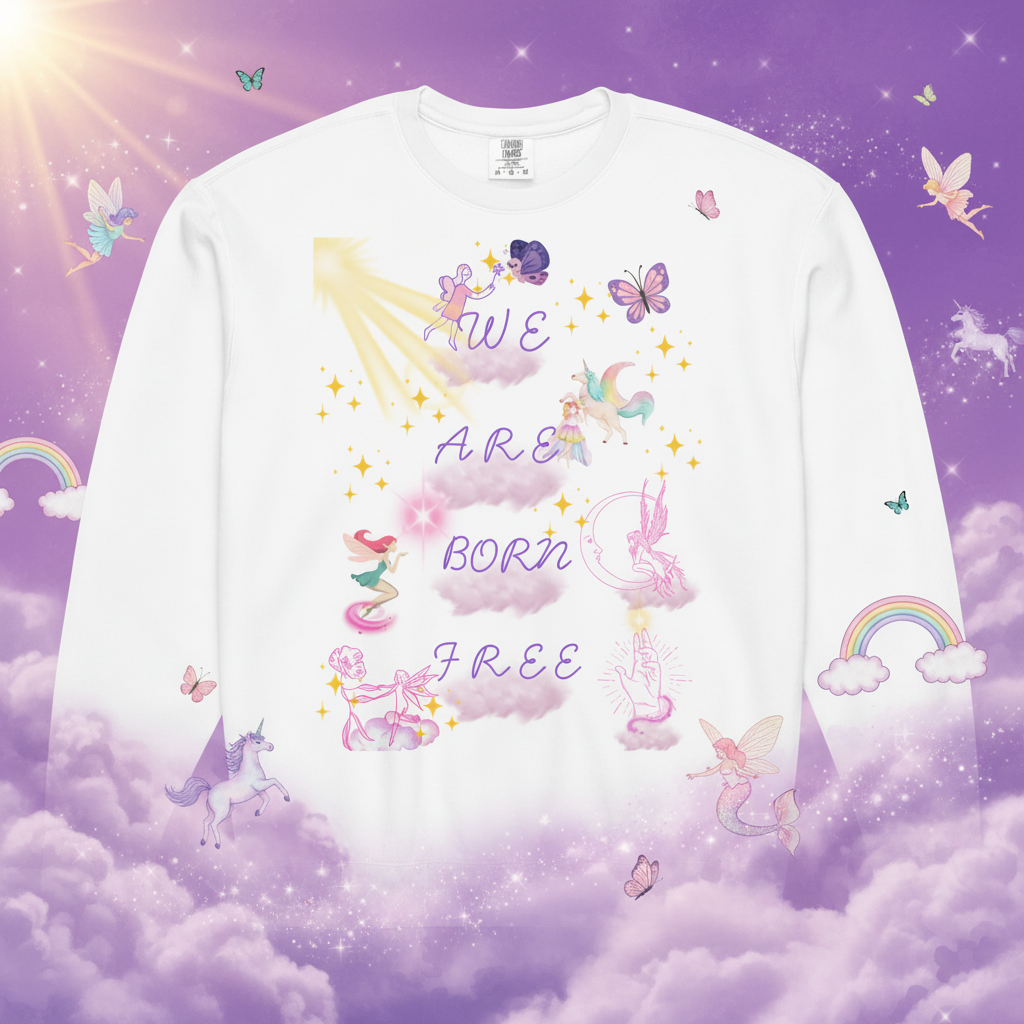 We Are Born Free – Baby Purple & Violet Cosmic Background with Unicorns & Fairies