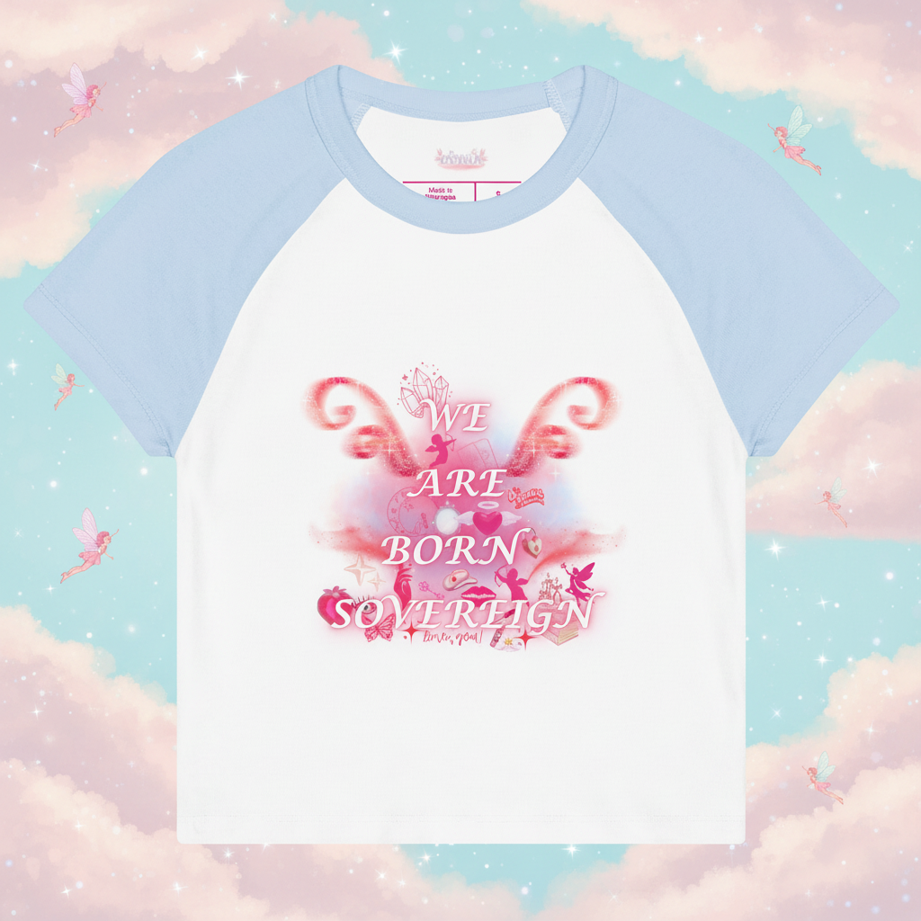 We Are Born Sovereign Raglan – Baby Pink Clouds & Baby Blue Sky Background