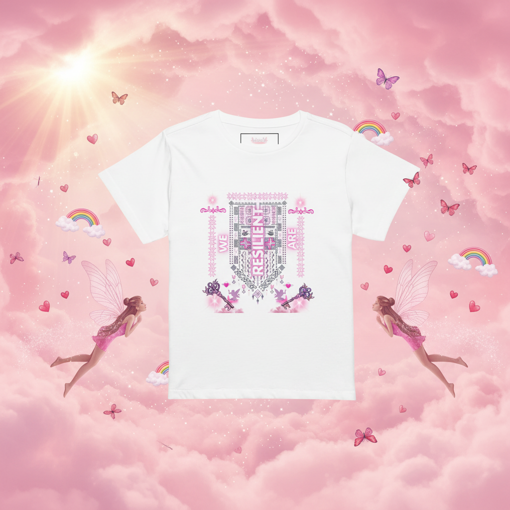 We Are Resilient – Baby Pink Background with Kissing Fairies & Flying Hearts